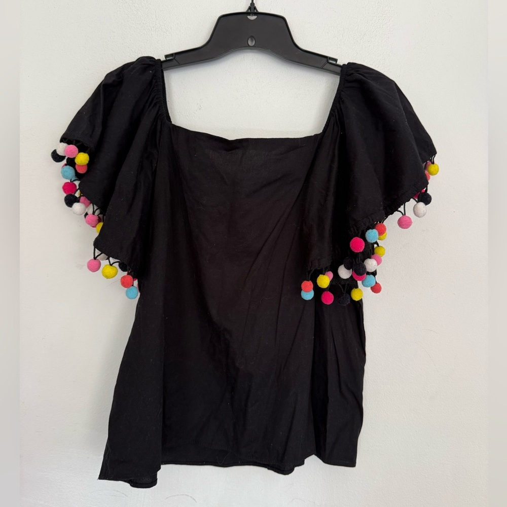 Design Lab Womens Pom Pom Colorful Off Shoulder Top Blouse, Size Medium
